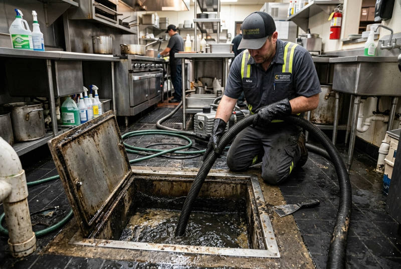Sanitation pump truck parked near commercial restaurant entrance