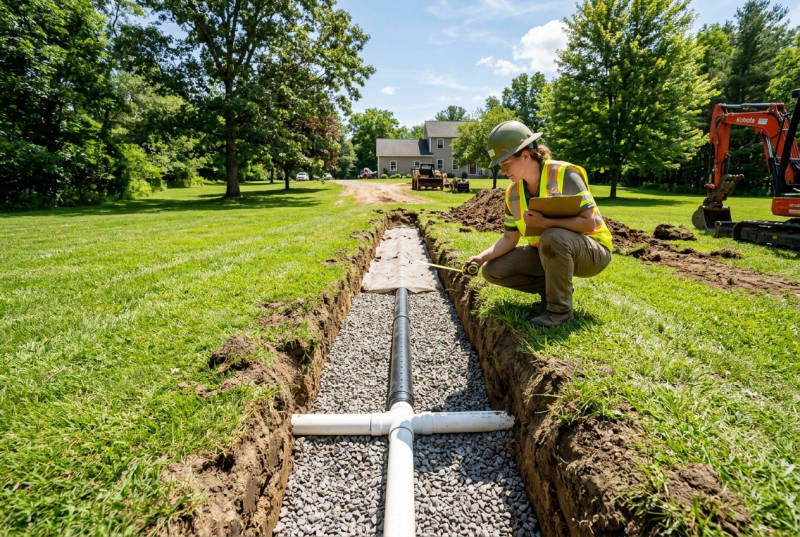 Sanitation technician inspecting a leach field pipe