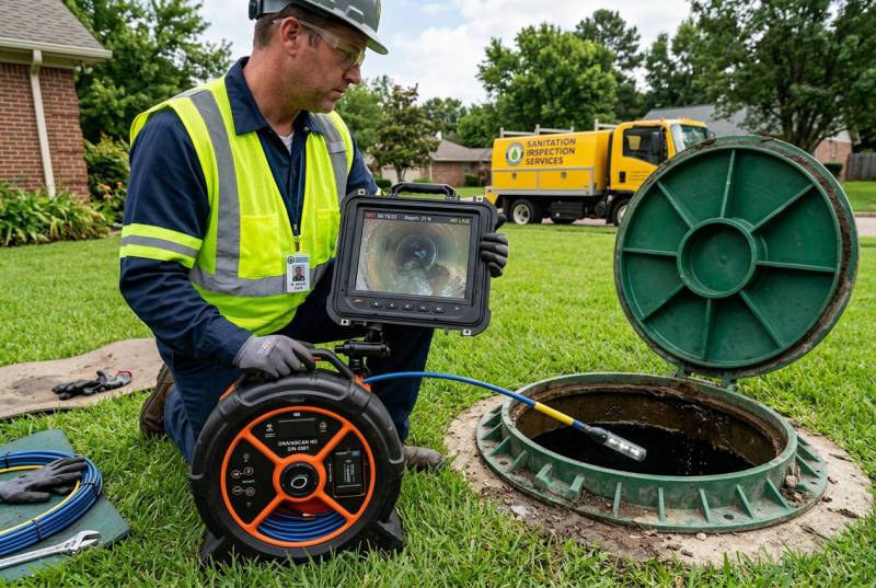 Sanitation technician inspecting underground septic tank cover
