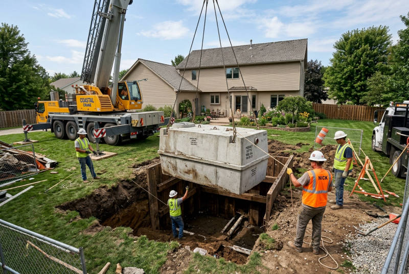 Suburban property showing a clean residential septic truck