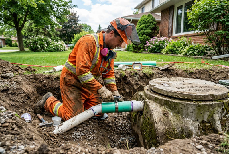 Technician repairing concrete septic tank inlet line